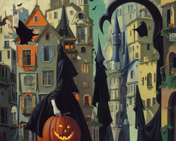 Whimsical Halloween Scene with Cloaked Figure and Pumpkins
