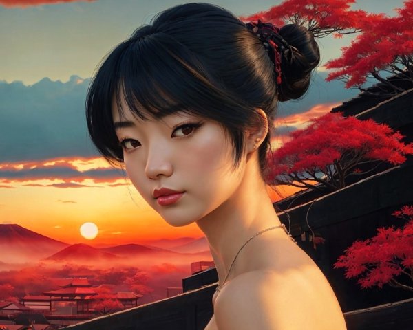 Young Woman Against Sunset with Autumn Leaves