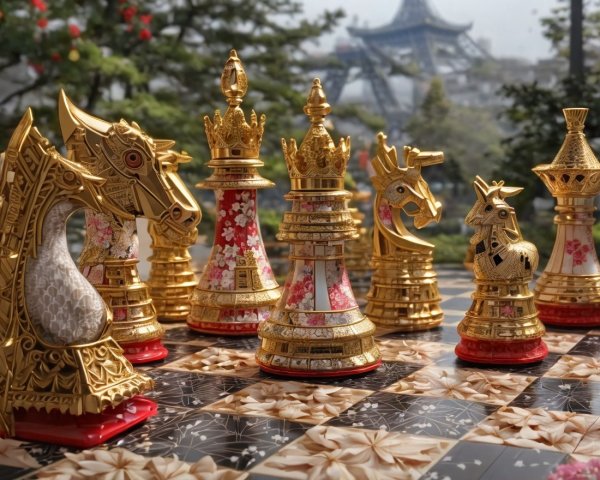 Intricately Designed Gold and Red Chess Set