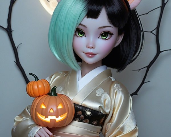 Doll with Two-Tone Hair in Halloween Kimono Setting