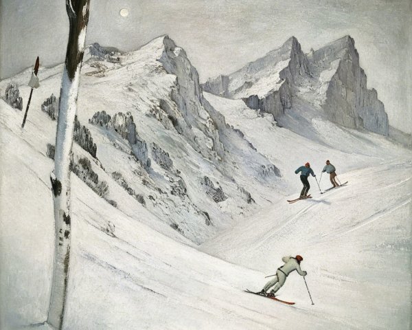 Serene Winter Landscape with Skiers and Mountains