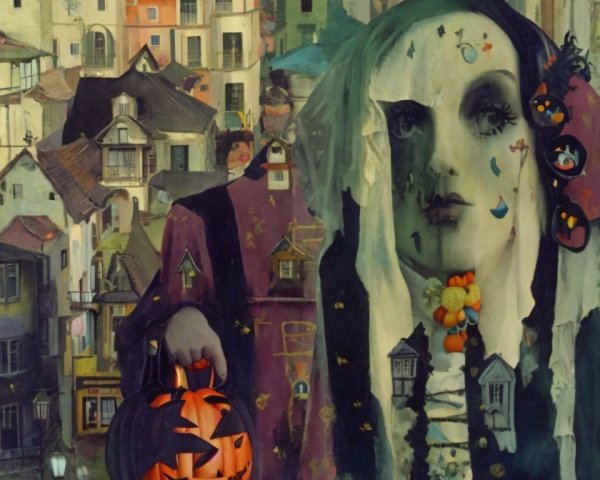Surreal Halloween Scene with Ghostly Figure and Town