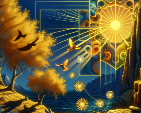 Vibrant Sunset Landscape with Geometric Patterns