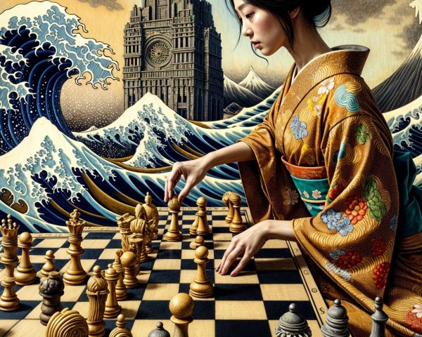 Woman in Colorful Kimono Playing Chess with Waves