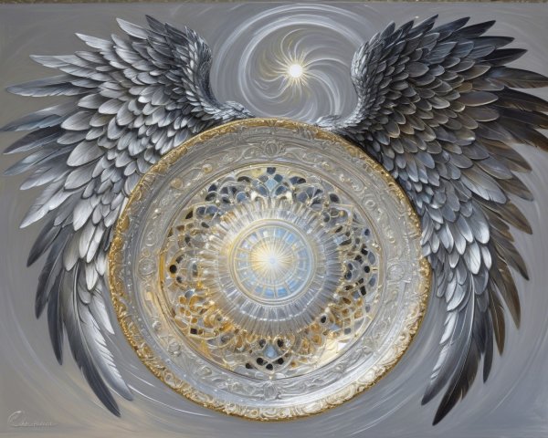 Circular Design with Silver and Black Feather Wings
