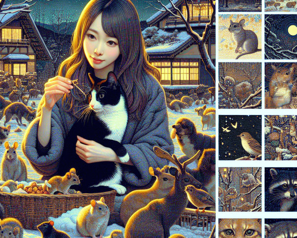 Digital painting of a woman with a cat in snow village
