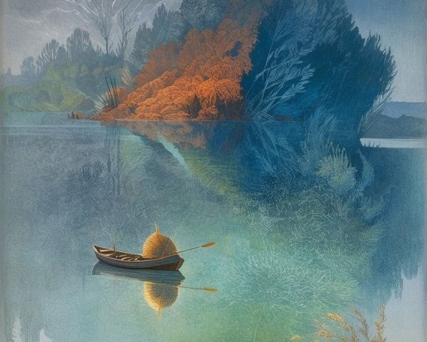 Tranquil Lake Scene with Trees and Wooden Boat