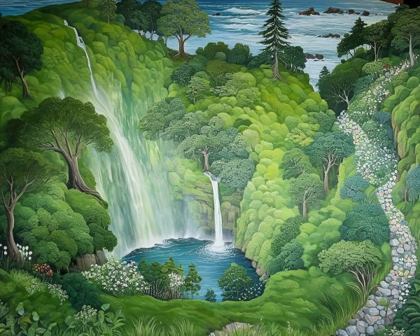 Vibrant Painting of Lush Green Landscape and Waterfalls