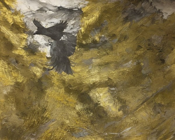 Abstract Acrylic Painting of a Black Crow on Yellow Background