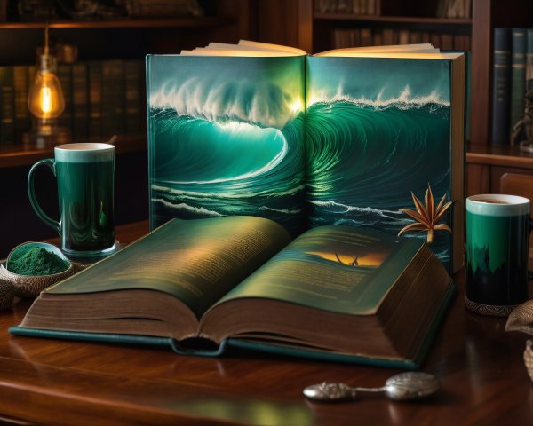 Illustrated Book on Table with Cozy Library Setting