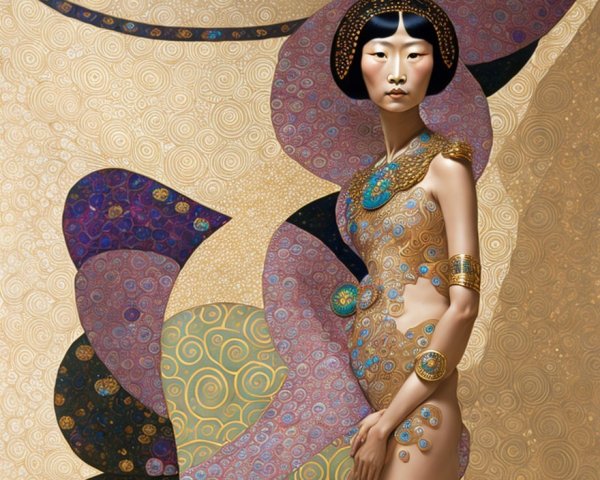 Stylized Woman with Jewelry and Colorful Patterns