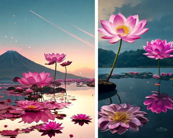 Vibrant Lotus Flowers on Tranquil Water Landscape