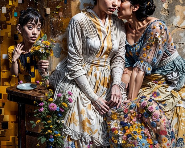 Three Women in Colorful Dresses by a Patterned Wall