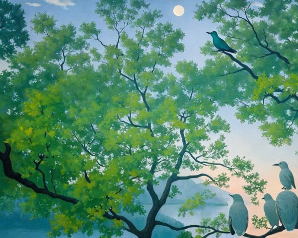 Serene Landscape with Trees, Moon, and Birds