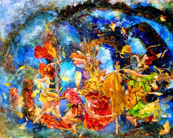 Fantasy Artwork with Ethereal Dancers in Cosmic Colors