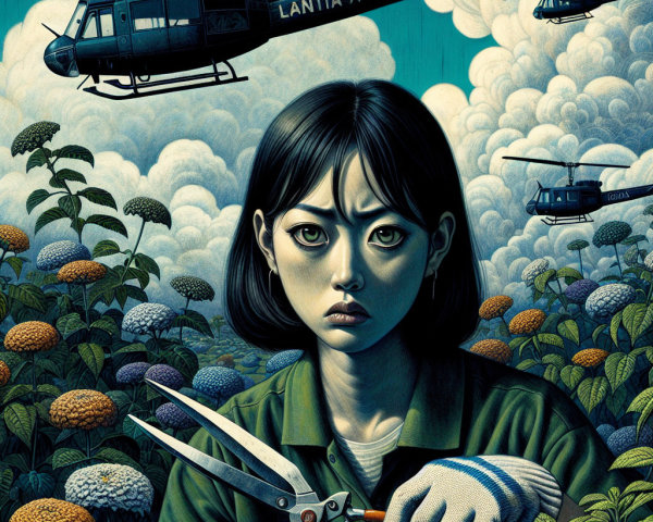 Young Woman with Gardening Shears in Colorful Garden