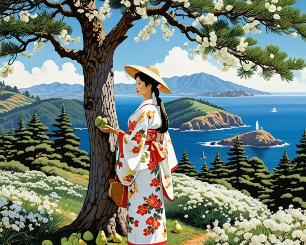 Woman in Traditional Attire by Blossoming Tree