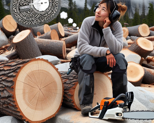 Woman in forest clearing with chainsaw and stumps