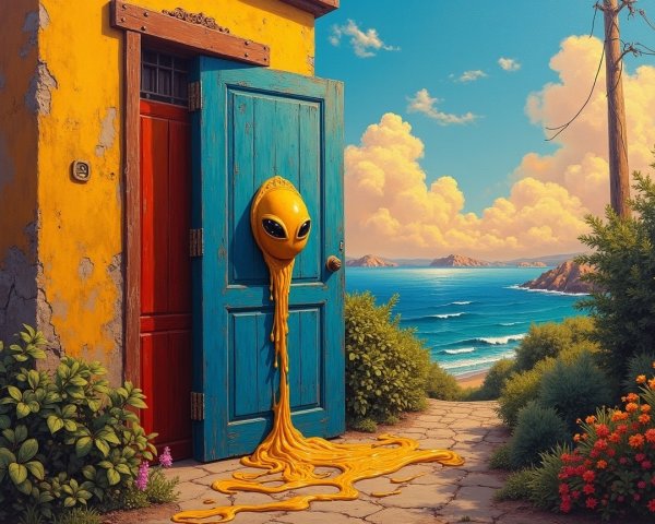 Surreal Alien Face and Colorful Door Scene