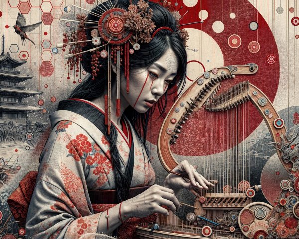 Woman in Kimono Playing Koto with Cultural Elements
