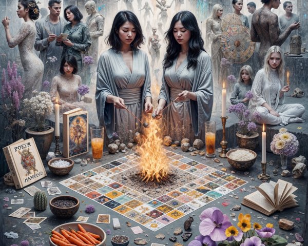 Women in Robes by a Fire in a Mystical Gathering