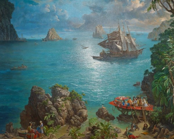 Coastal Scene with Blue Sea and Red Boat on Shore