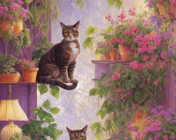 Cozy Room with Tabby Cats and Lush Greenery