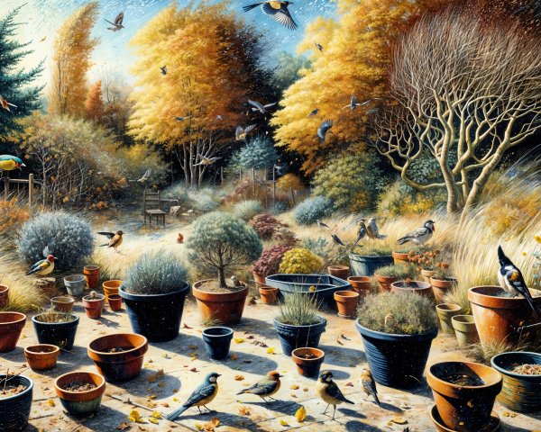 Serene Garden Scene with Potted Plants and Autumn Foliage