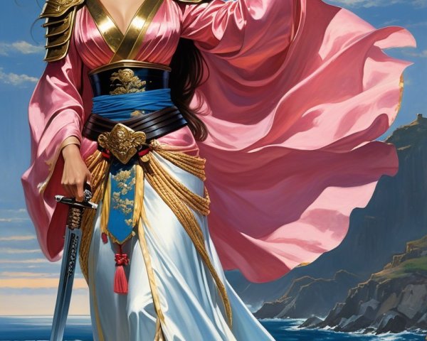 Warrior on Rocky Shore with Sword and Moonlight
