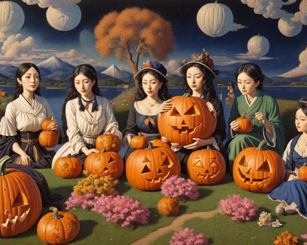 Women in Period Attire Carving Pumpkins in Autumn