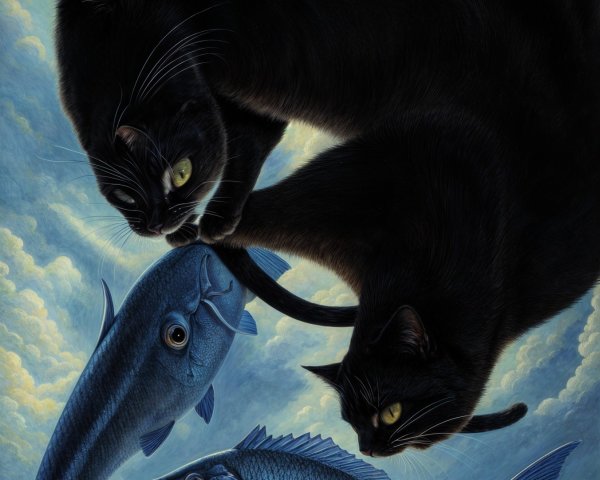 Surreal Interaction of Cats and Colorful Fish