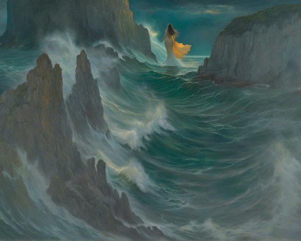 Ghostly Figure in White Gown Amidst Stormy Waves