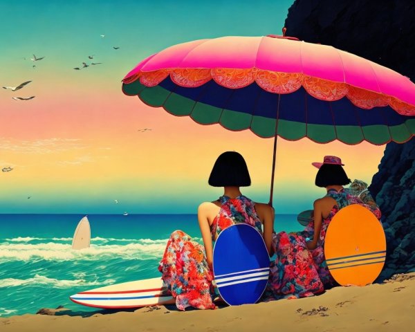Women on Beach Under Pink Umbrella at Sunset