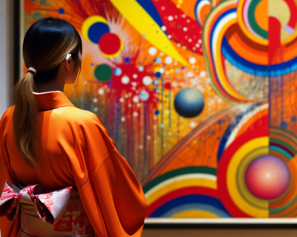 Woman in Orange Kimono in Front of Abstract Painting