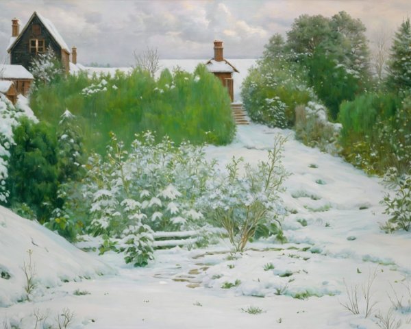 Serene winter landscape with snow and homestead