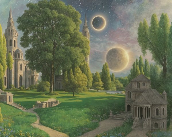 Serene Landscape with Ornate Structures and Celestial Bodies