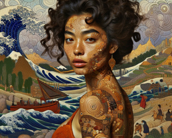 Portrait of a woman with patterned skin and red dress