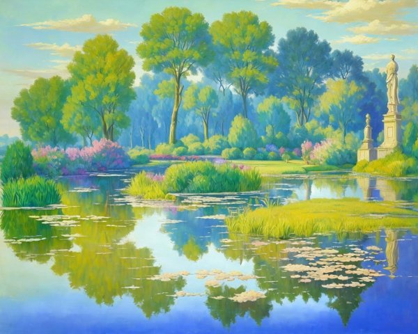 Tranquil Lake Surrounded by Lush Greenery and Statues