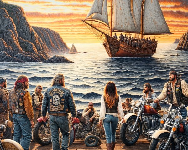 Bikers Watching Sailing Ship at Sunset on Dock