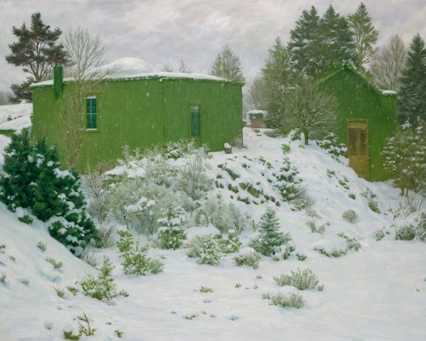 Serene winter landscape with snow-covered structures
