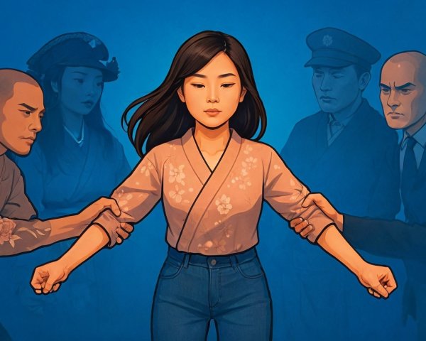 Young Woman Surrounded by Contrasting Influences