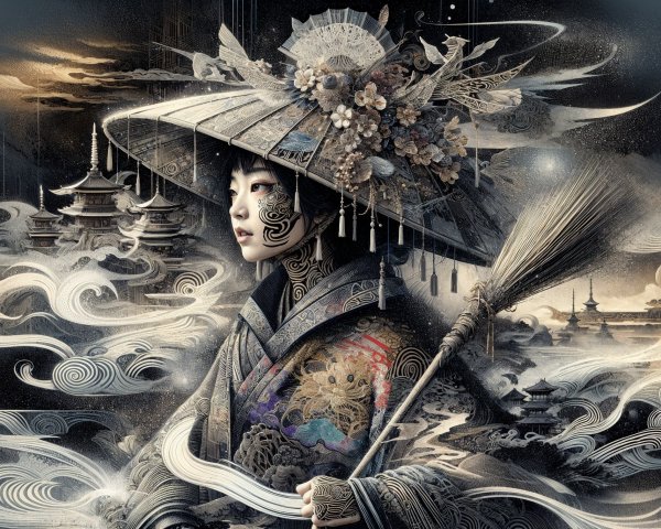 Mystical Figure in Elaborate Clothing and Clouds