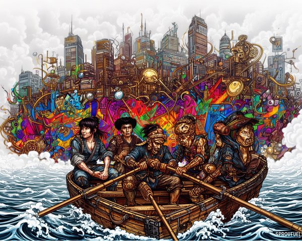 Digital painting of diverse crew in steampunk cityscape