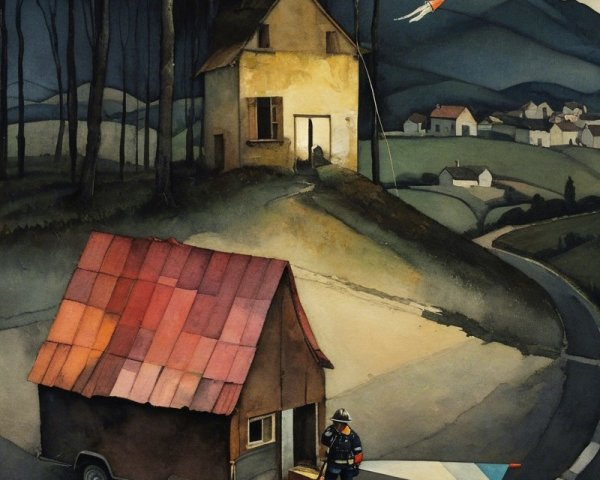 Twilight Landscape with Rustic House and Kites