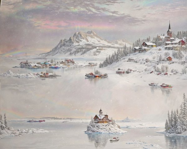 Serene Winter Landscape with Frozen Lake and Mountains