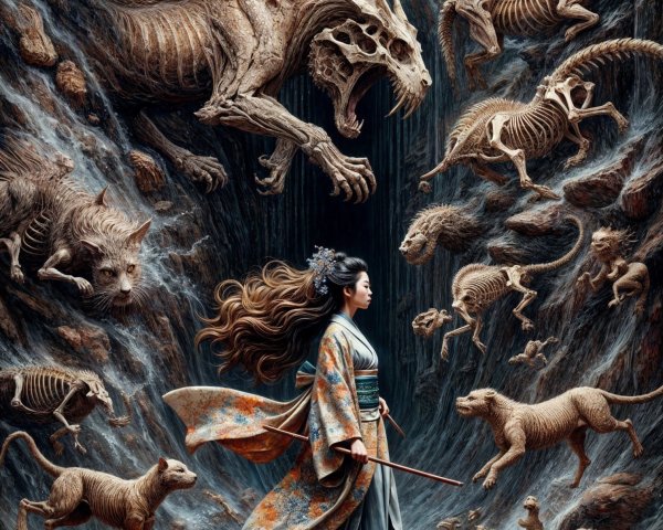 Young Woman in Kimono Surrounded by Mythical Beasts