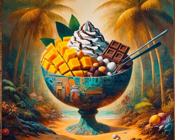 Tropical Scene with Mangoes and Chocolate Treats