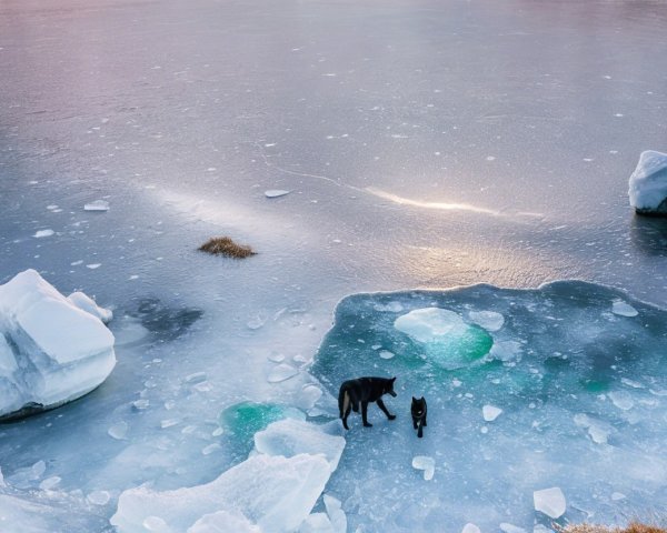 Serene Winter Landscape with Frozen Lake and Animals