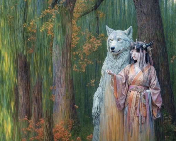 Mystical forest scene with woman and ethereal wolf