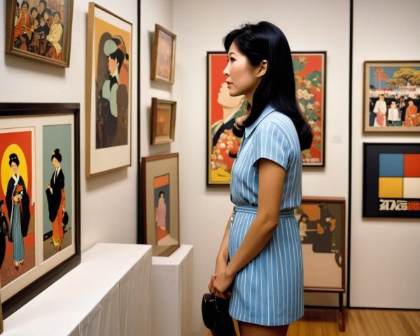 Woman in Blue Dress Observing Art in Modern Gallery